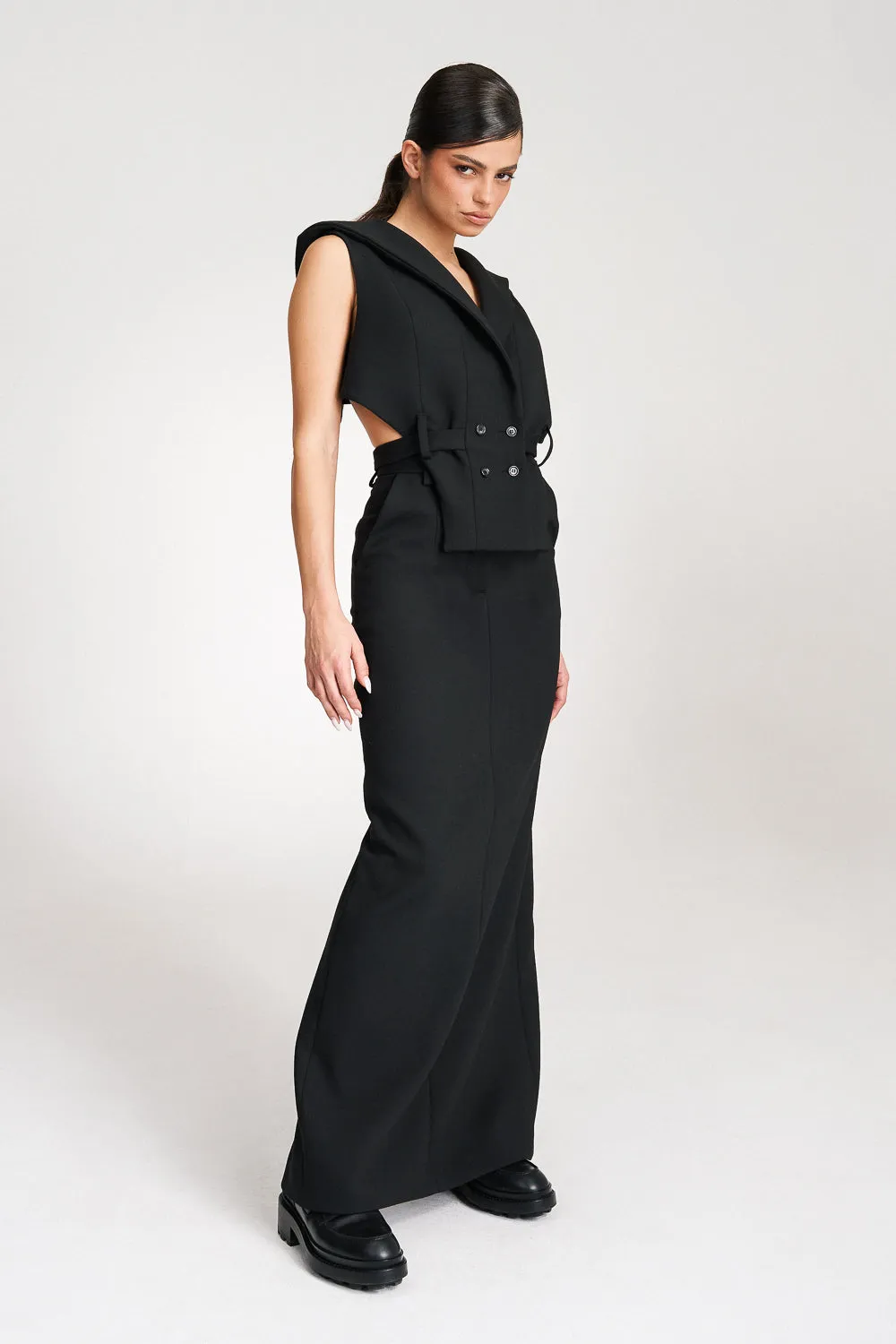 ’Noelle’ Black High Waisted Tailored Maxi Skirt
