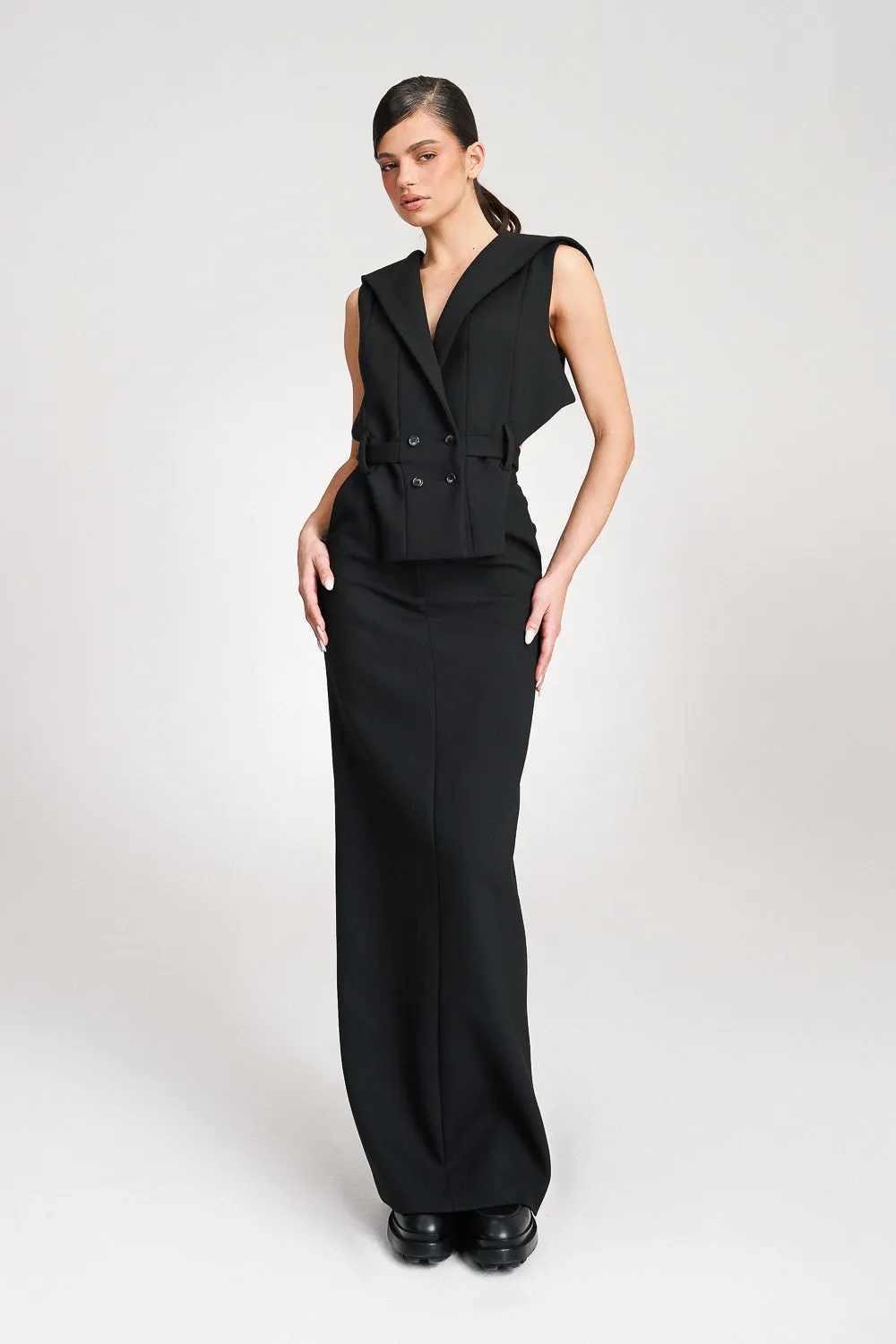 ’Noelle’ Black High Waisted Tailored Maxi Skirt