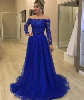 Off shoulder royal blue prom dress    fg1539
