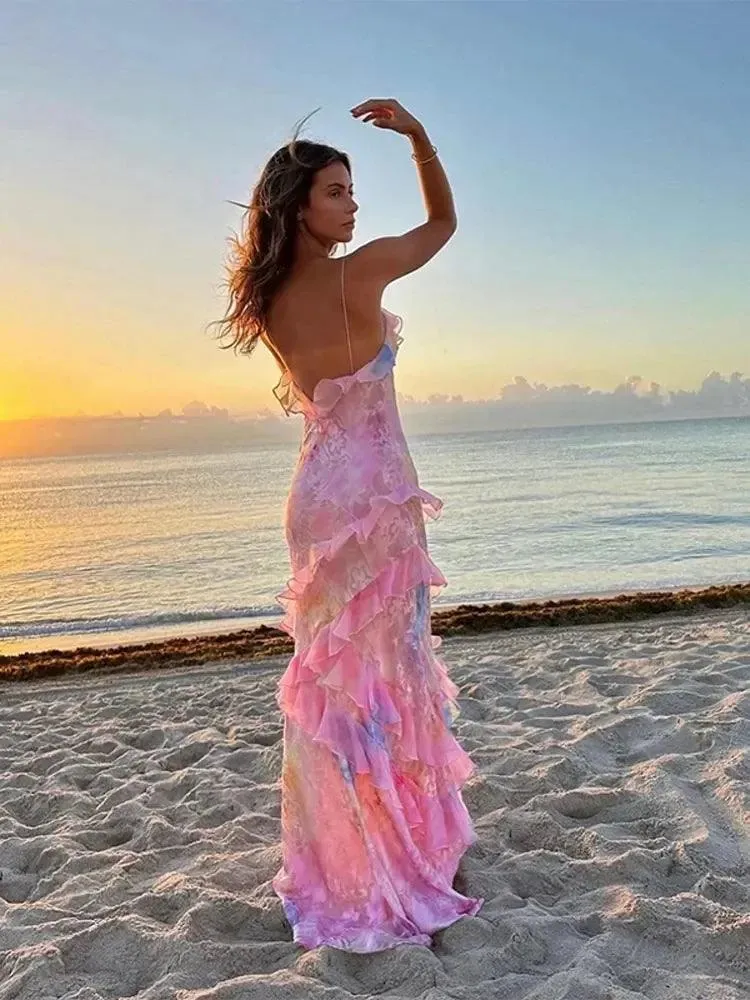 Pink Chiffon Maxi Dress: Elegant Women's Fashion for Beach Holiday Style