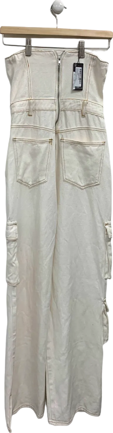 Pretty Little Thing Ecru Contrast Stitch Cargo Pocket Bandeau Denim Jumpsuit UK 10