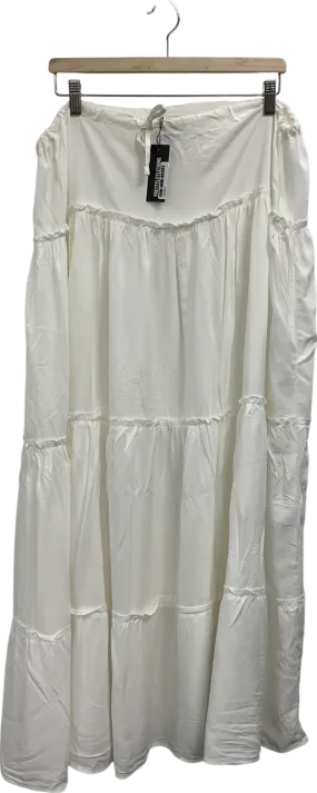 PrettyLittleThing White Cotton Low Rise Drawstring Waist Tiered Maxi Skirt UK 10