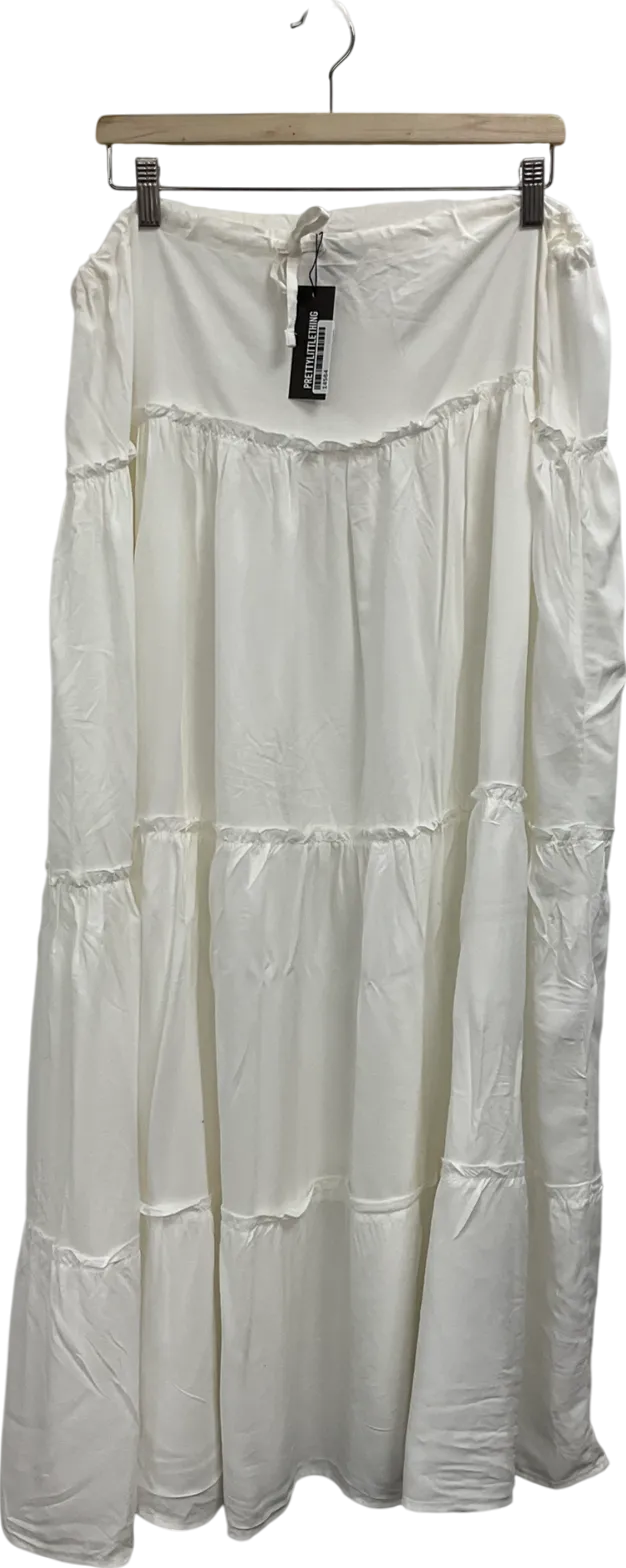 PrettyLittleThing White Cotton Low Rise Drawstring Waist Tiered Maxi Skirt UK 10