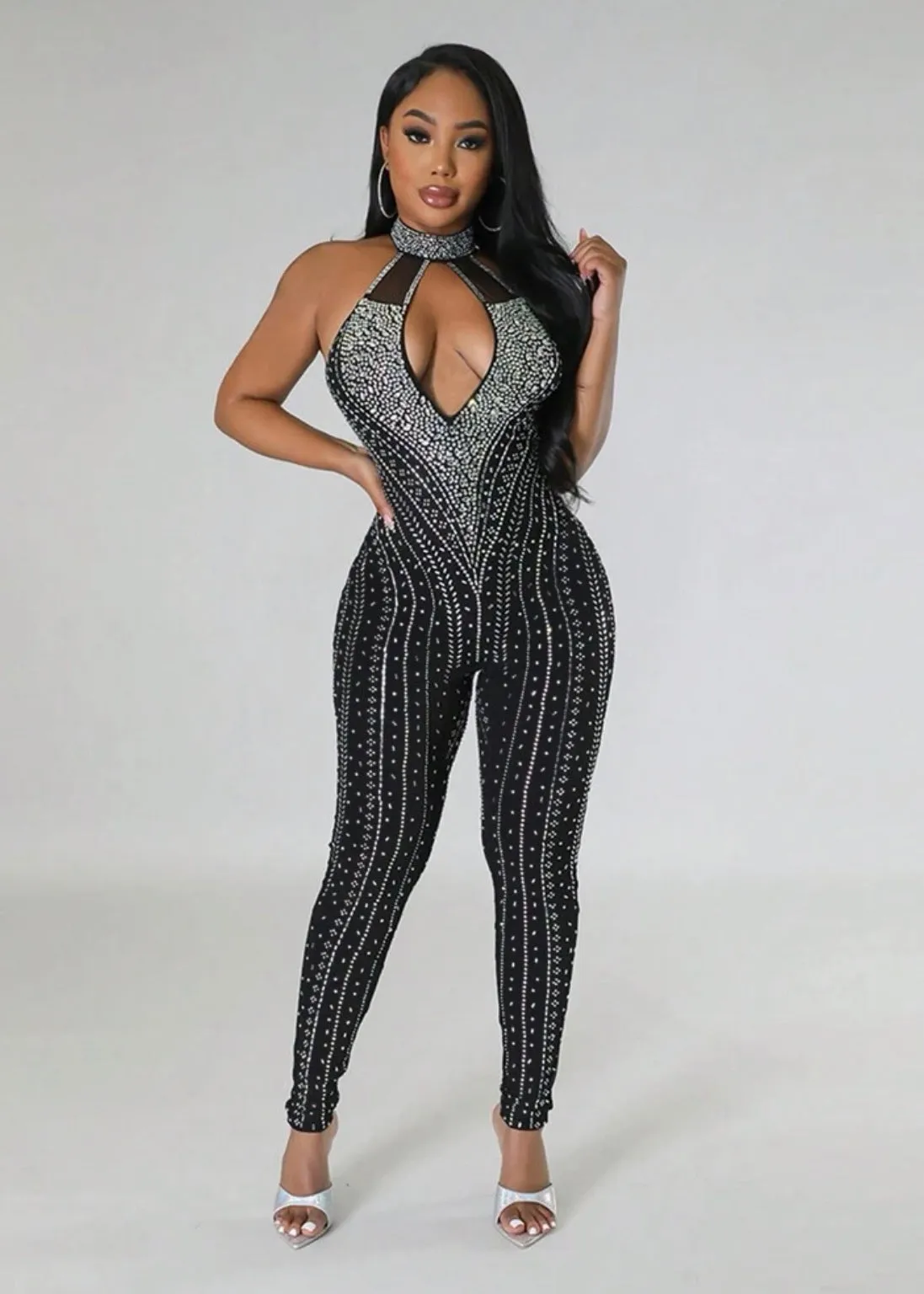 Rhinestone Detail Cut Out Front Halter Neck Backless Unitard Jumpsuit