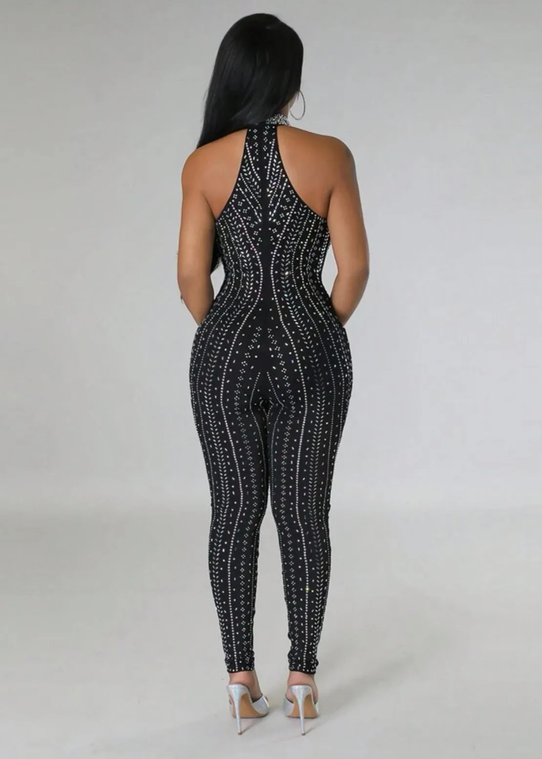 Rhinestone Detail Cut Out Front Halter Neck Backless Unitard Jumpsuit