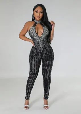 Rhinestone Detail Cut Out Front Halter Neck Backless Unitard Jumpsuit