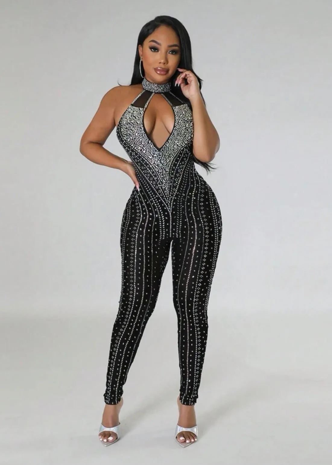 Rhinestone Detail Cut Out Front Halter Neck Backless Unitard Jumpsuit