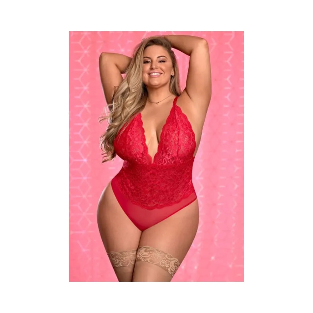 Risqué Business Lace & Mesh Teddy w/Snap Crotch Red QN