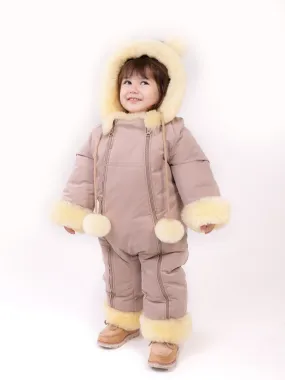 Sheepskin Winter Jumpsuit For Children, Warm And Cosy, Hooded Romer for Baby With Zipper Closure, Sheparling Snowsuit For Toddler with Hoody