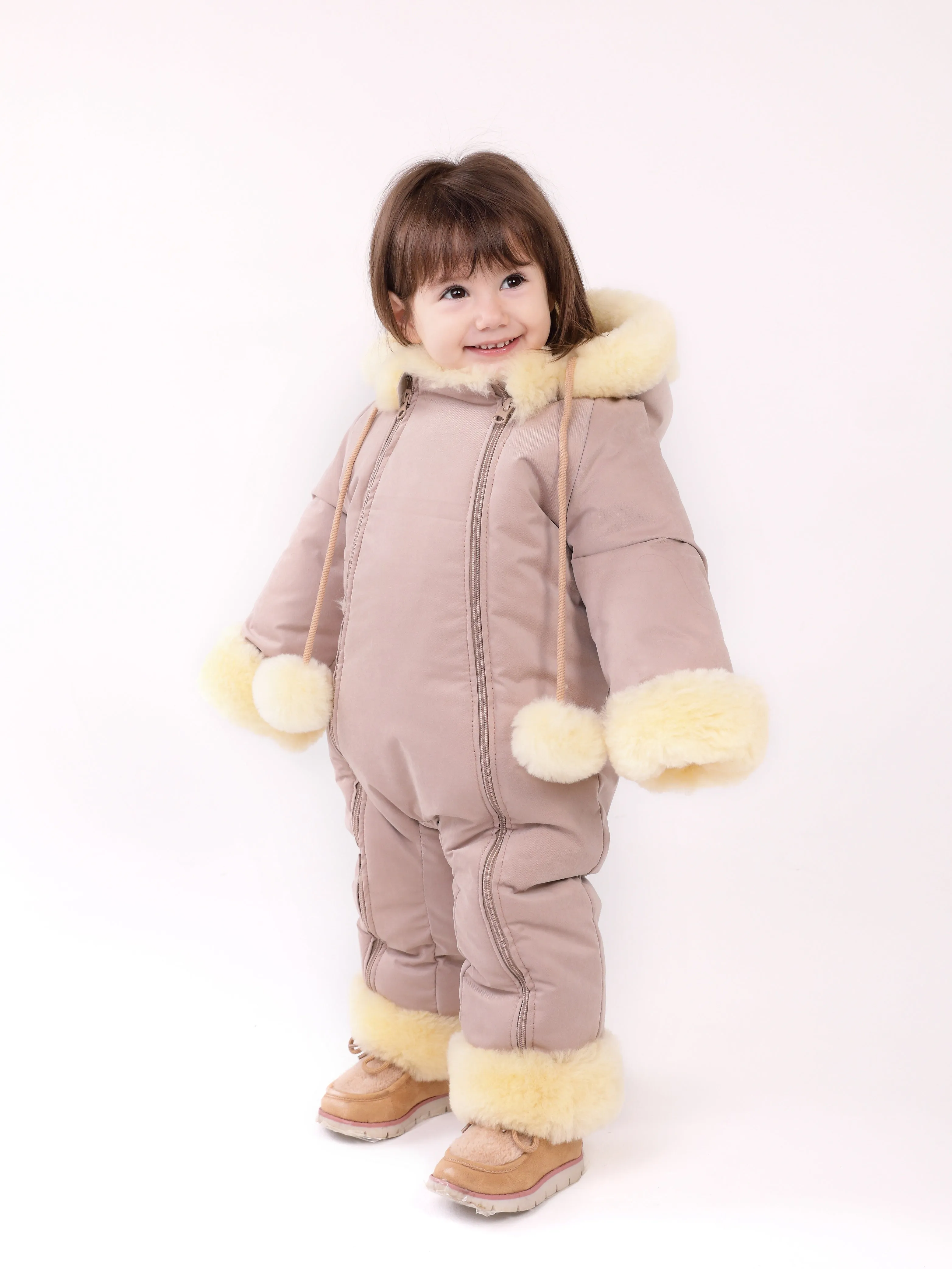Sheepskin Winter Jumpsuit For Children, Warm And Cosy, Hooded Romer for Baby With Zipper Closure, Sheparling Snowsuit For Toddler with Hoody