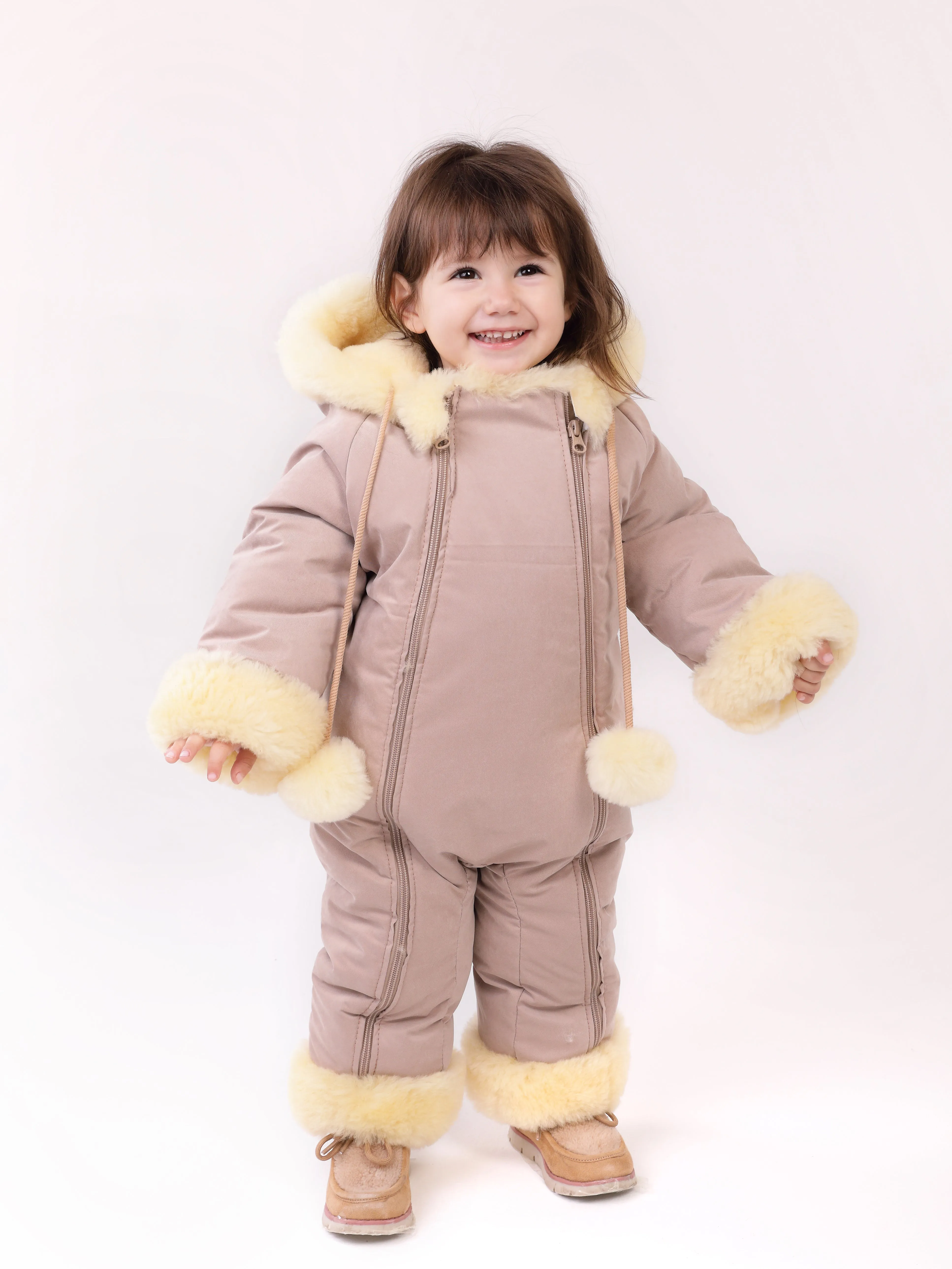 Sheepskin Winter Jumpsuit For Children, Warm And Cosy, Hooded Romer for Baby With Zipper Closure, Sheparling Snowsuit For Toddler with Hoody