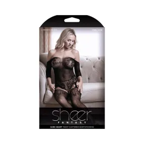 Sheer Dark Heart Off Shoulder Teddy Net Gartered Bodystocking One Size