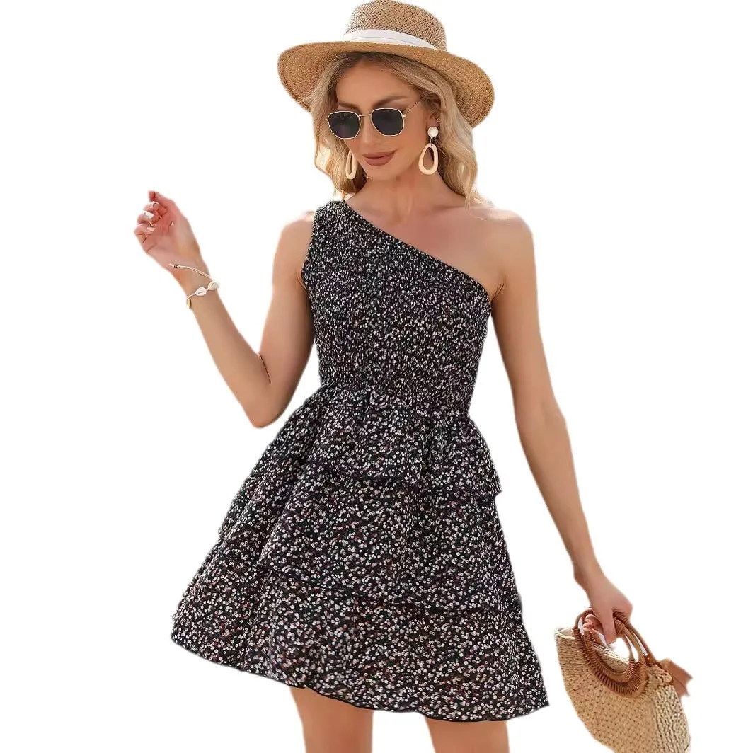 Single Shoulder Ruffle Bohemian Print Beach Dress