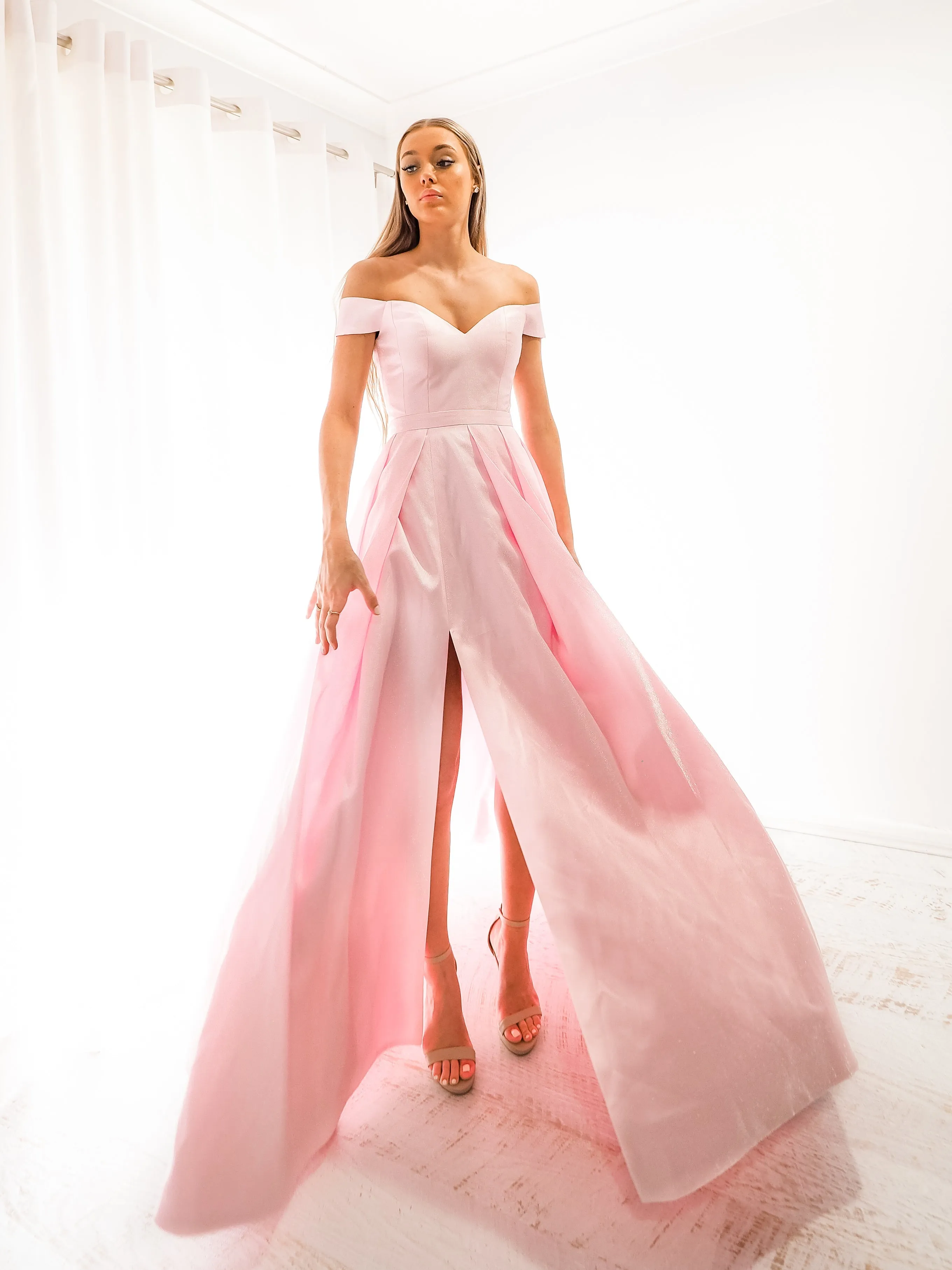 Sparkling baby pink off the shoulder princess dress with lace up back and leg split (sample sale)