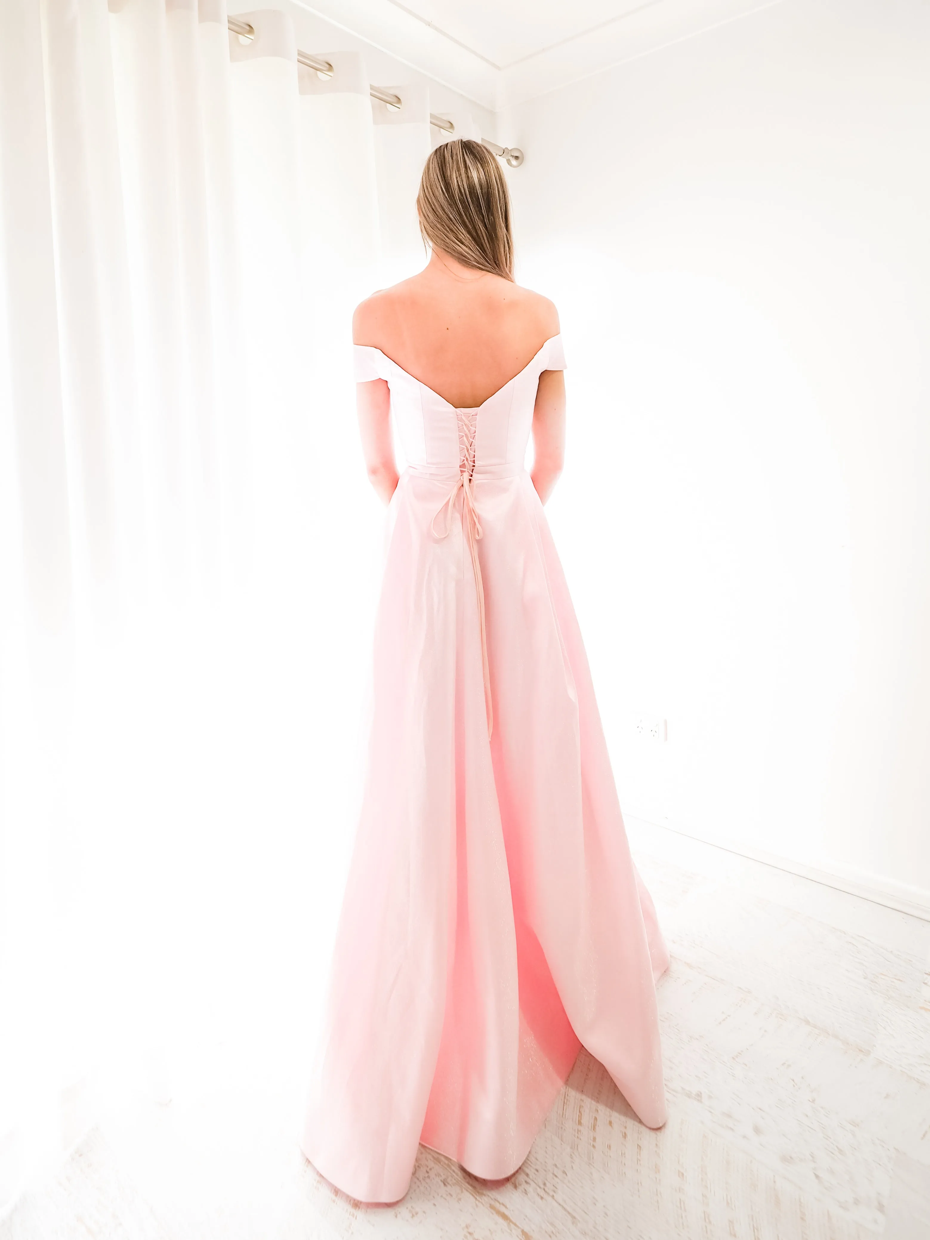 Sparkling baby pink off the shoulder princess dress with lace up back and leg split (sample sale)