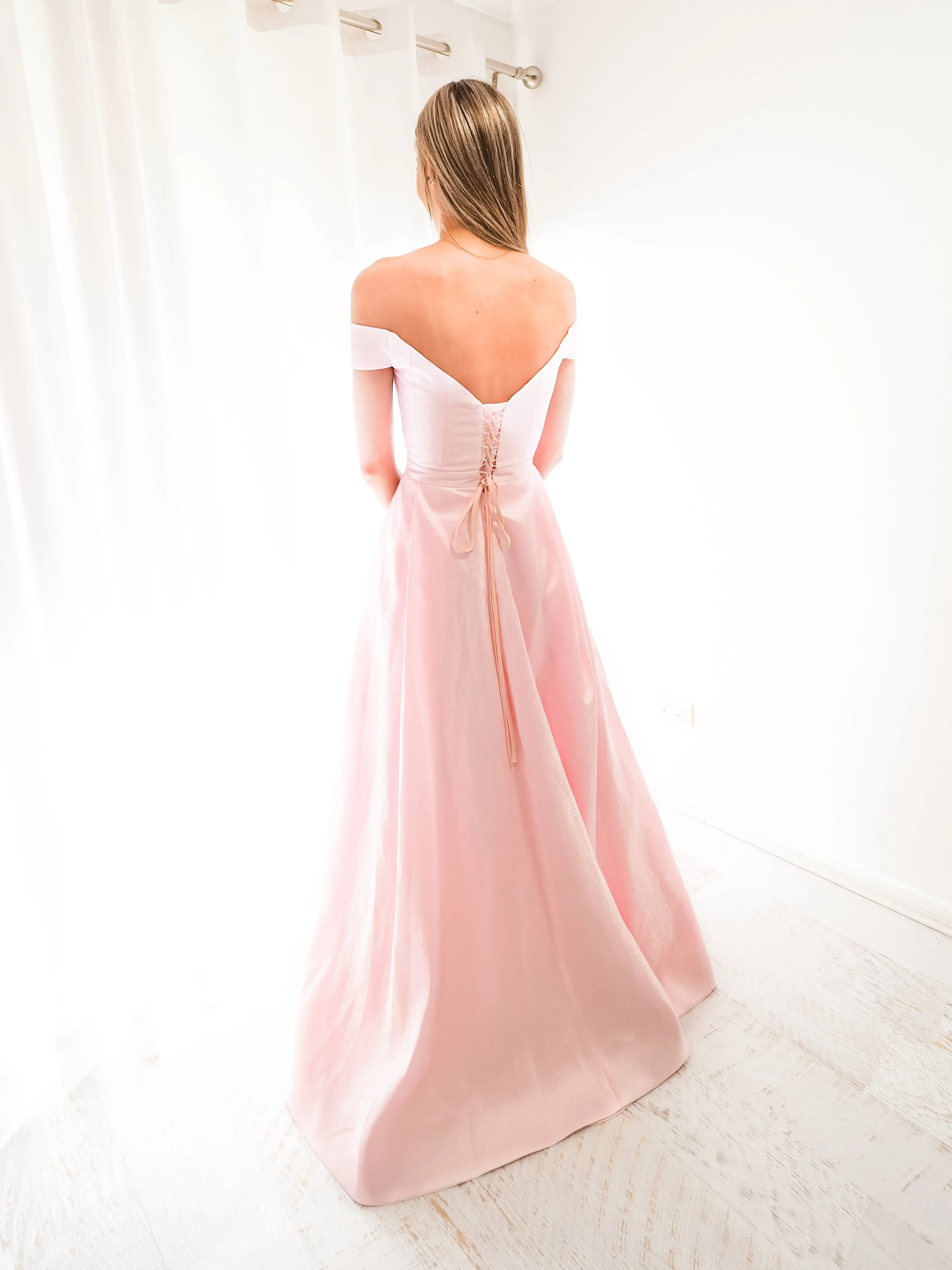 Sparkling baby pink off the shoulder princess dress with lace up back and leg split (sample sale)