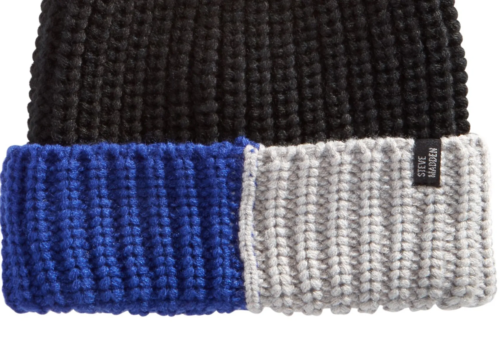 STEVE MADDEN Men's Colour block Knitted Beanie- Black Blue Grey
