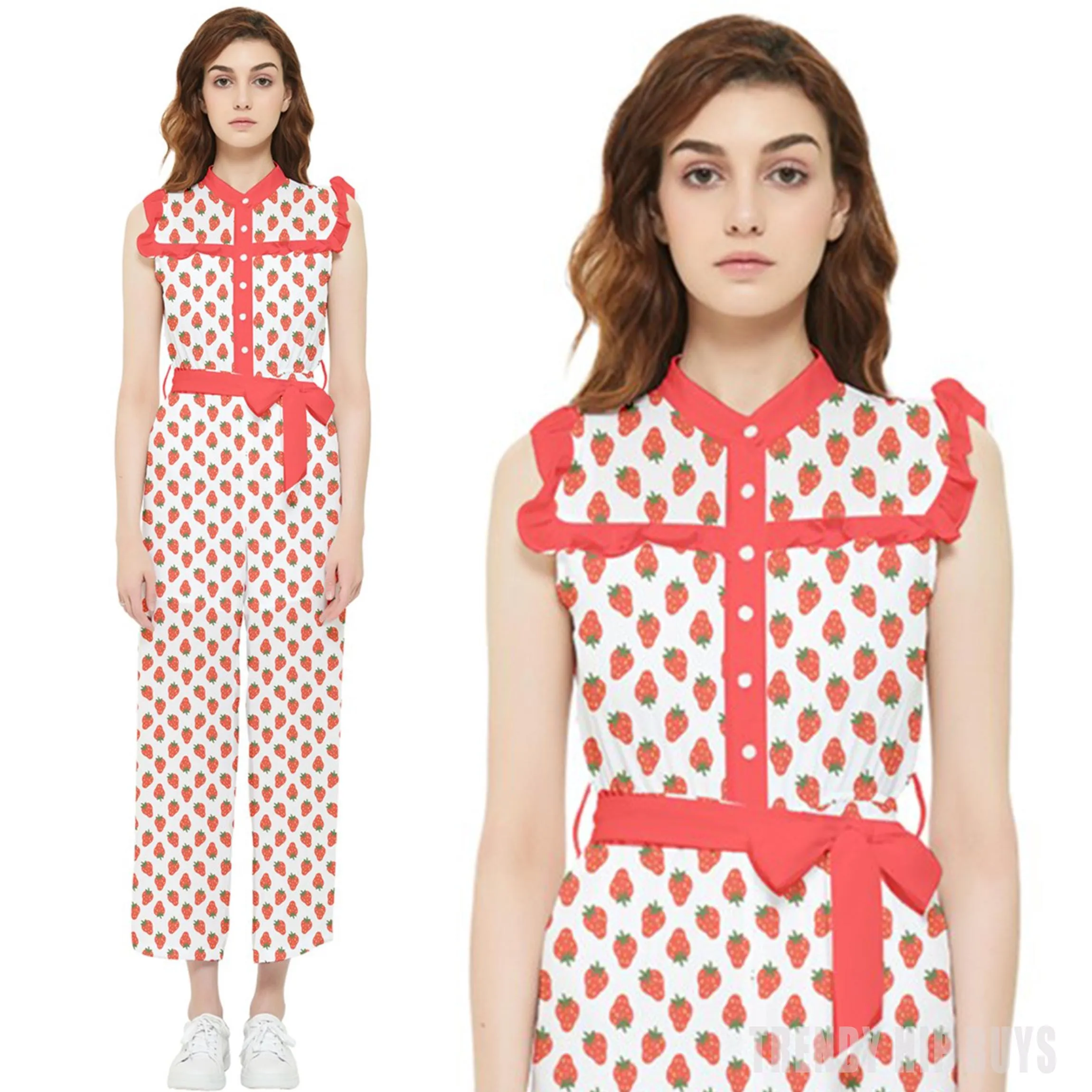 Strawberry Jumpsuit, 70s Style Jumpsuit, Red White Jumpsuit, Strawberry Print Jumpsuit
