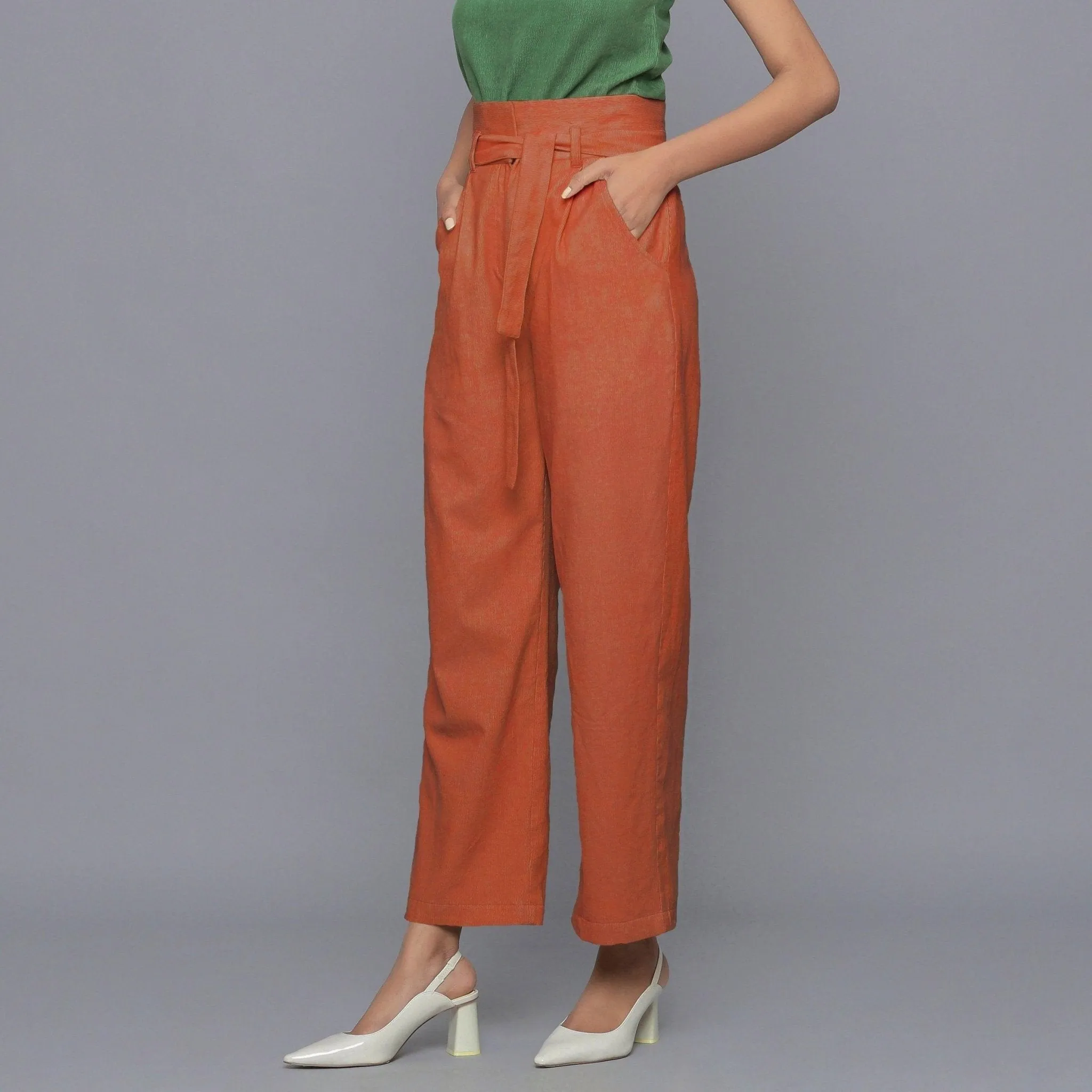 Sunset Rust Warm Cotton Corduroy Ankle Length Pant