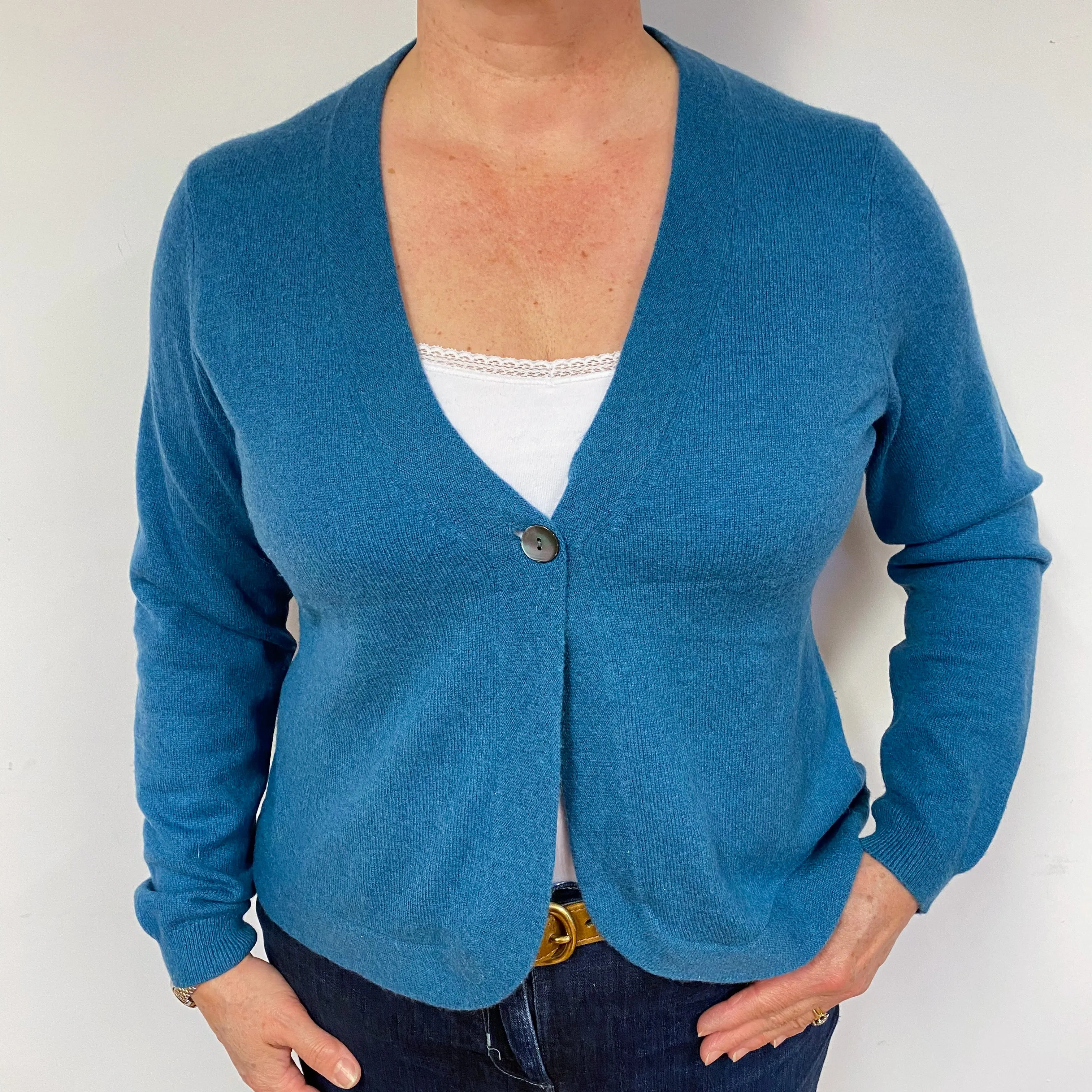 Teal Blue Cashmere V-Neck Cardigan Large