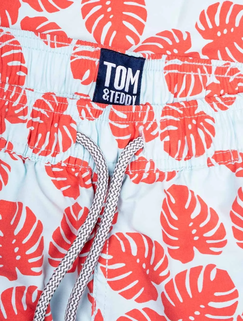 TOM AND TEDDY Sky Blue & Red Leaves Boy's Swim Shorts Sky