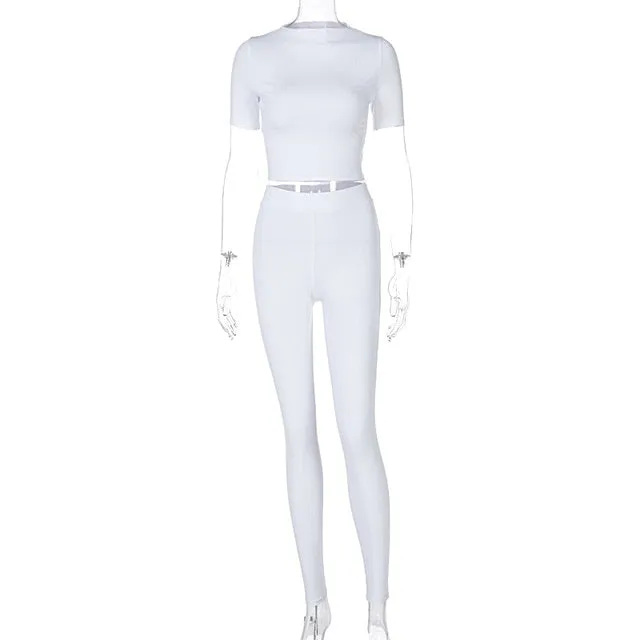 Two Piece Short Sleeve Gym Crops Top With Skinny Sporty Leggings