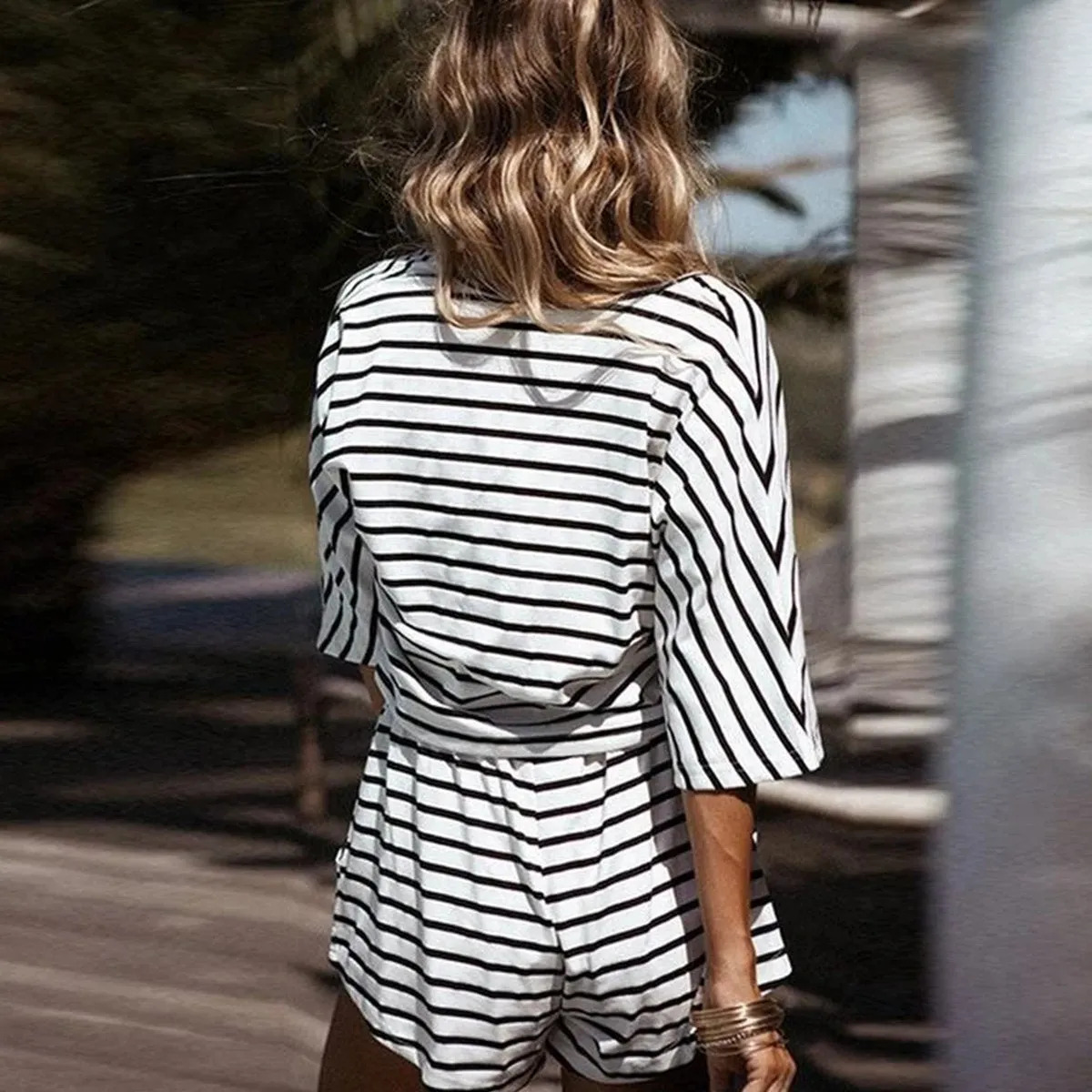 V-Neck Exposed Navel Stripes Maternity Jumpsuit