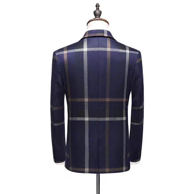 Vaughan Men's Checkered Groom Blue Suit Jacket, Vest and Pants (3 Piece)