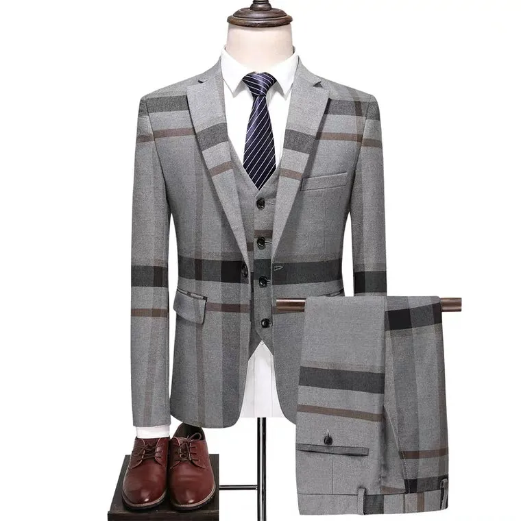 Vaughan Men's Checkered Groom Blue Suit Jacket, Vest and Pants (3 Piece)
