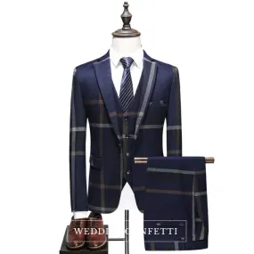 Vaughan Men's Checkered Groom Blue Suit Jacket, Vest and Pants (3 Piece)