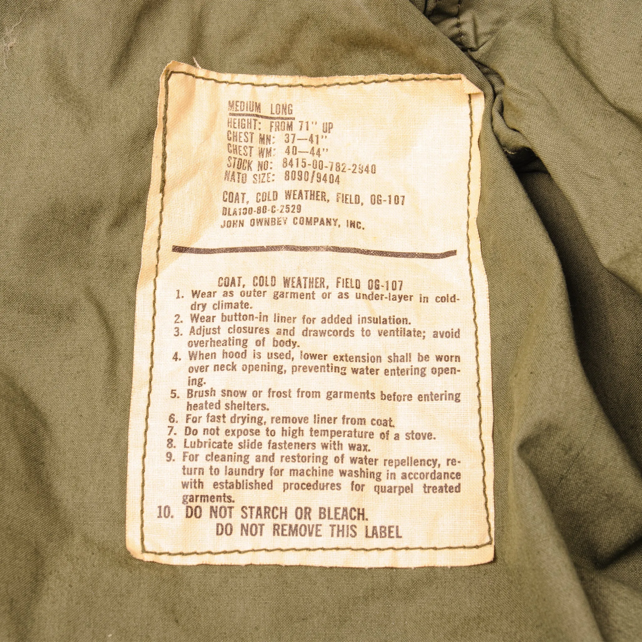 VINTAGE US ARMY M-1965 M65 FIELD JACKET 1980 SIZE MEDIUM LONG