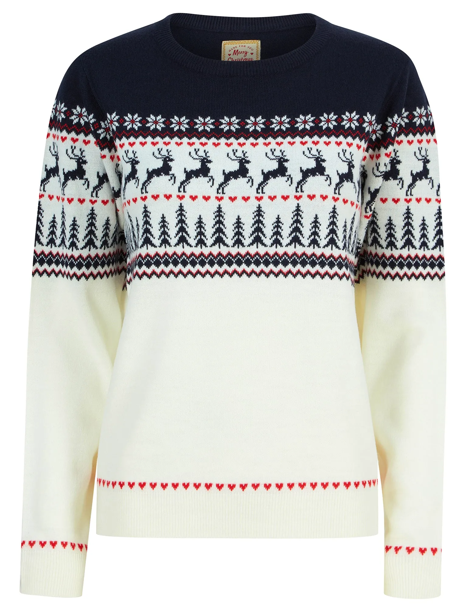 Women's Reindeer Heart Nordic Fairisle Novelty Christmas Jumper in Gardenia - Merry Christmas