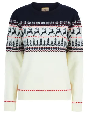 Women's Reindeer Heart Nordic Fairisle Novelty Christmas Jumper in Gardenia - Merry Christmas