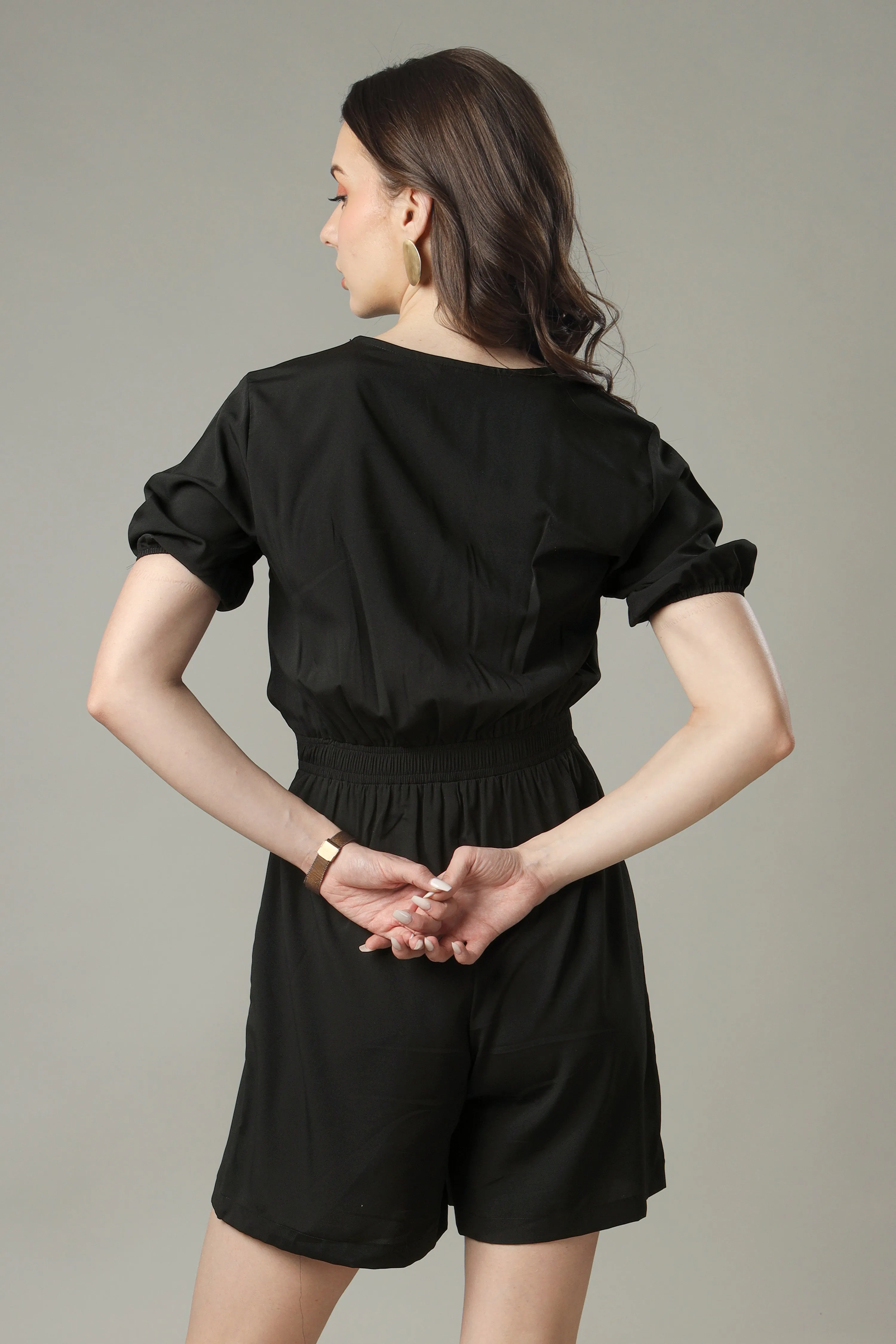 Women's Solid Black Elastic Waist Romper Jumpsuit