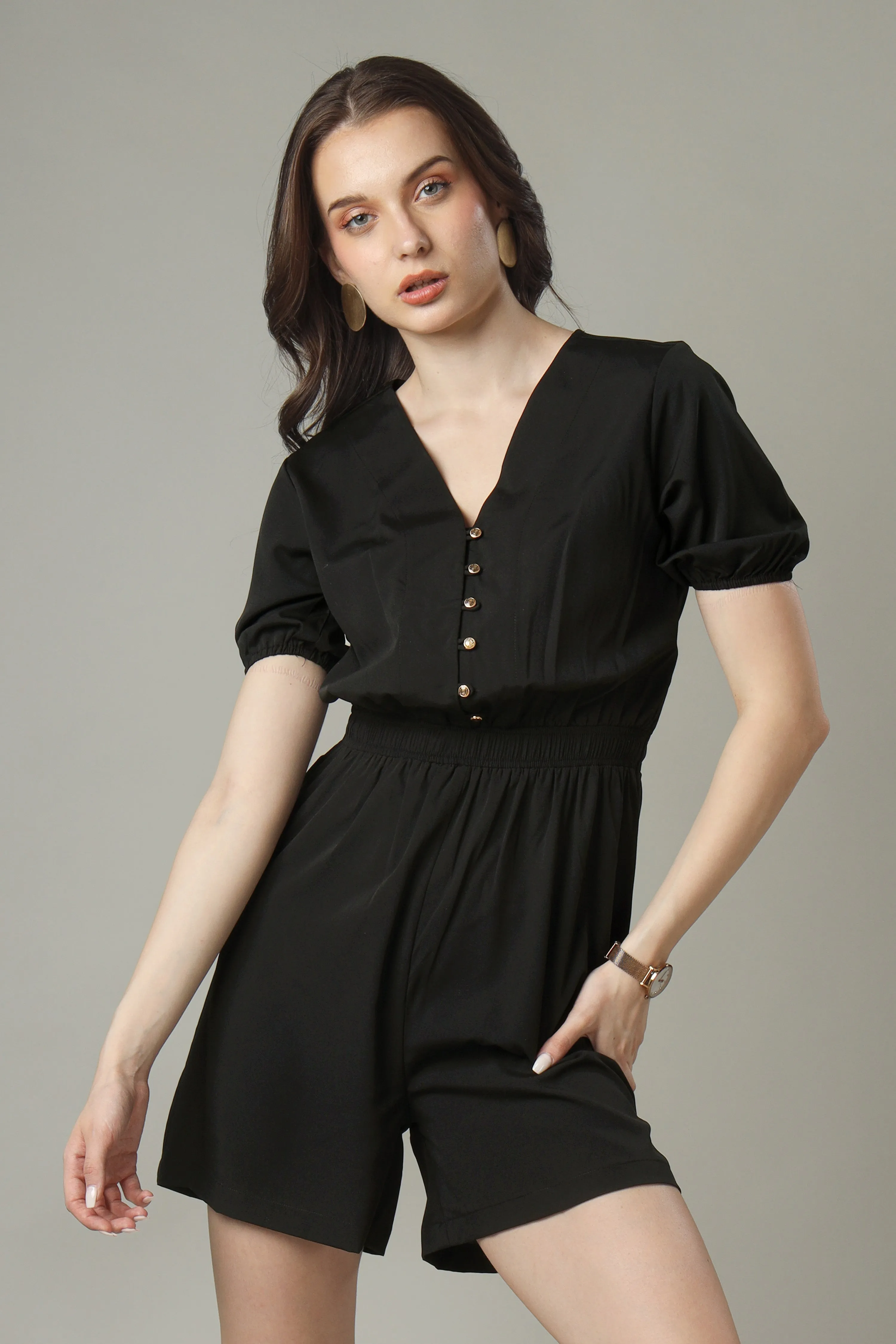Women's Solid Black Elastic Waist Romper Jumpsuit