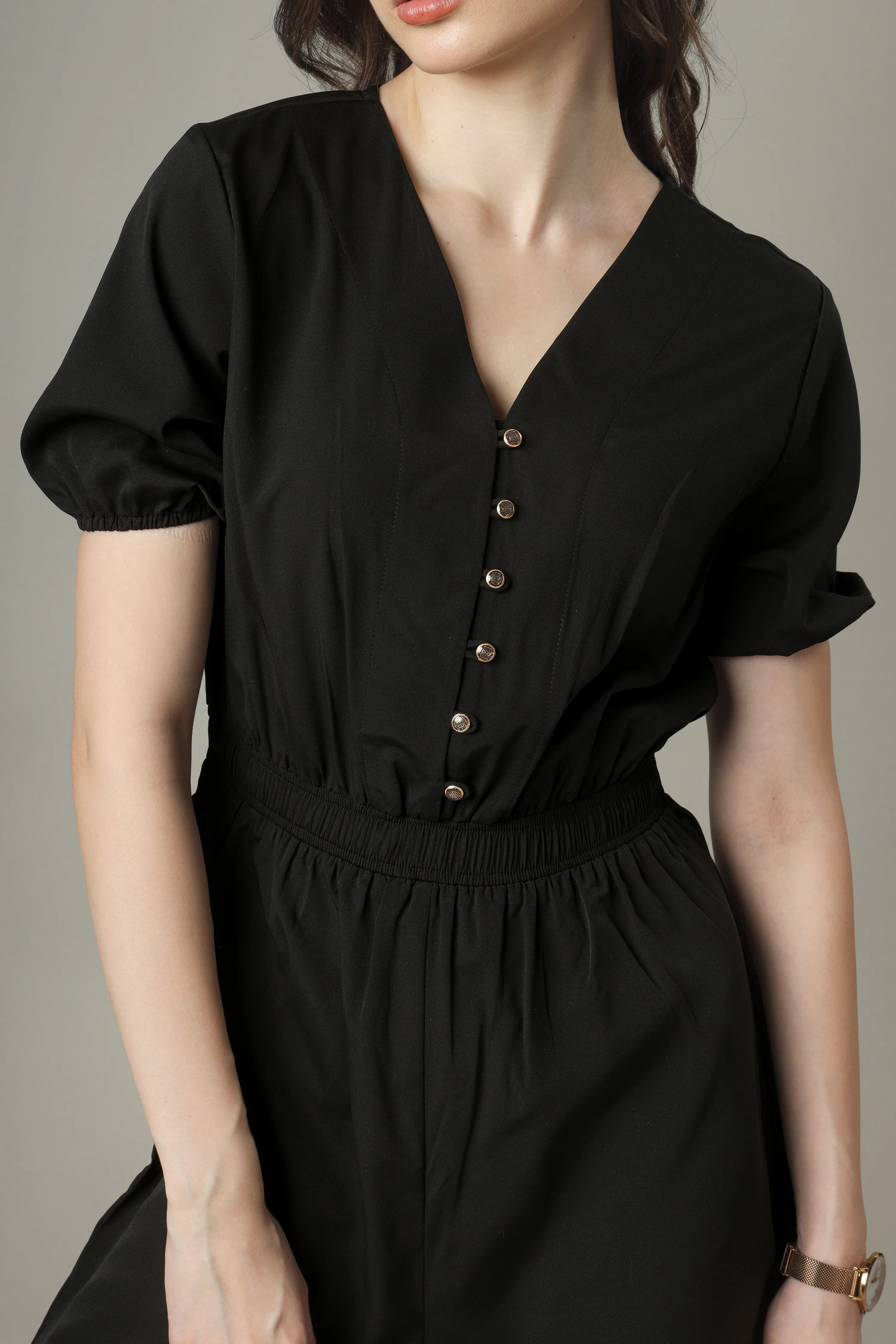 Women's Solid Black Elastic Waist Romper Jumpsuit