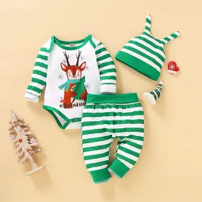 XMAS Baby 3-Piece Set Deer Romper Stripe Pants Hat