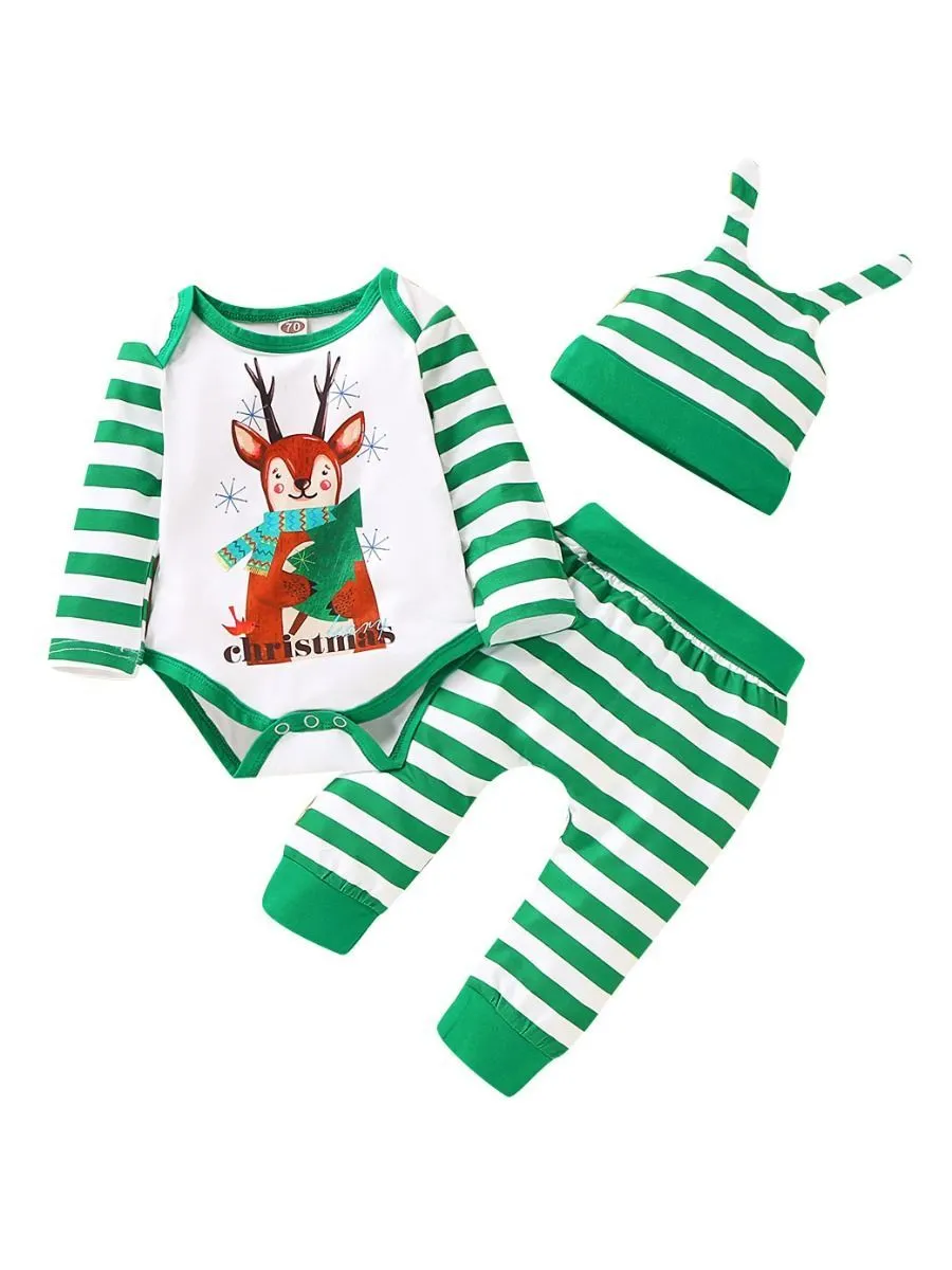 XMAS Baby 3-Piece Set Deer Romper Stripe Pants Hat